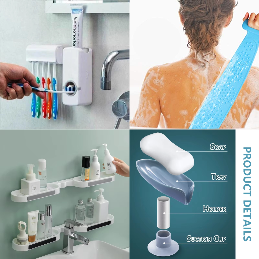 4-Piece Bathroom Essentials Pack (Toothpaste Dispenser + Shower Back Scrubber + Bathroom Storage Rack + Soap Box)
