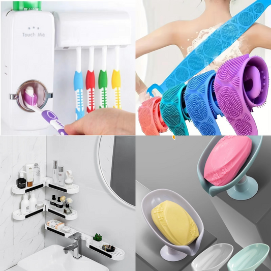 4-Piece Bathroom Essentials Pack (Toothpaste Dispenser + Shower Back Scrubber + Bathroom Storage Rack + Soap Box)